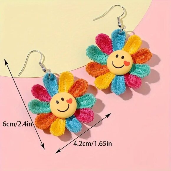 #11 Summer Rainbow Color Handmade Braided Smile Face SunFlower Earrings - Picture 1 of 1